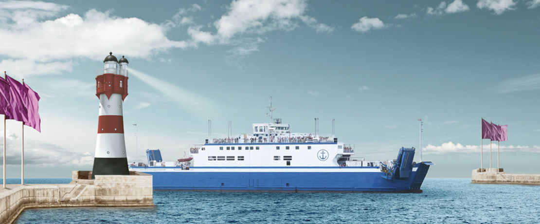 lighthouse and a blue ferry on the sea